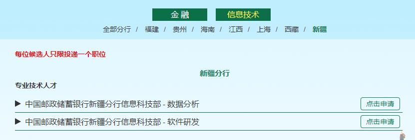 2017年中国邮政储蓄银行新疆分行信息技术部招聘公告
