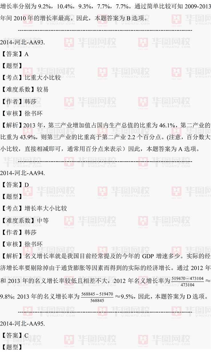 2014年河北省选调生考试行测资料分析真题答案解析（完整版）